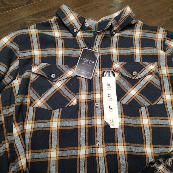 New Architect Navy Blue Orange Plaid Ultimate Flannel Shirt Men's XL - Picture 2 of 2